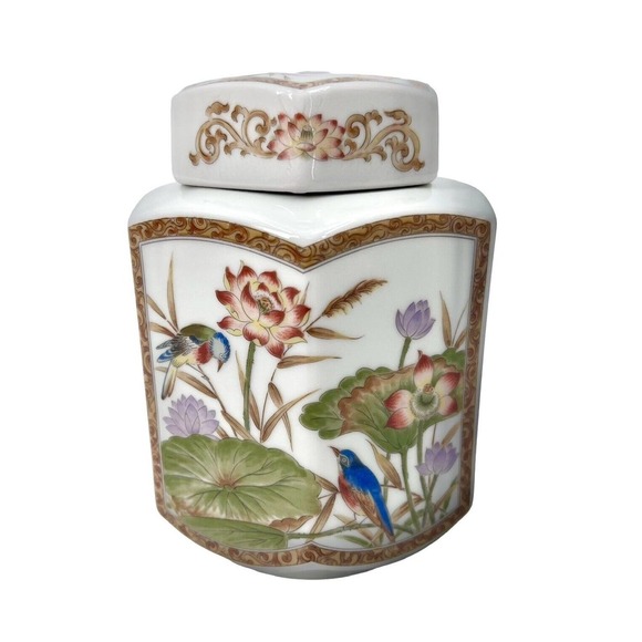 Vintage Japanese Hexagonal Tea Ginger Jar Birds & Lilies With Lid - Picture 1 of 10